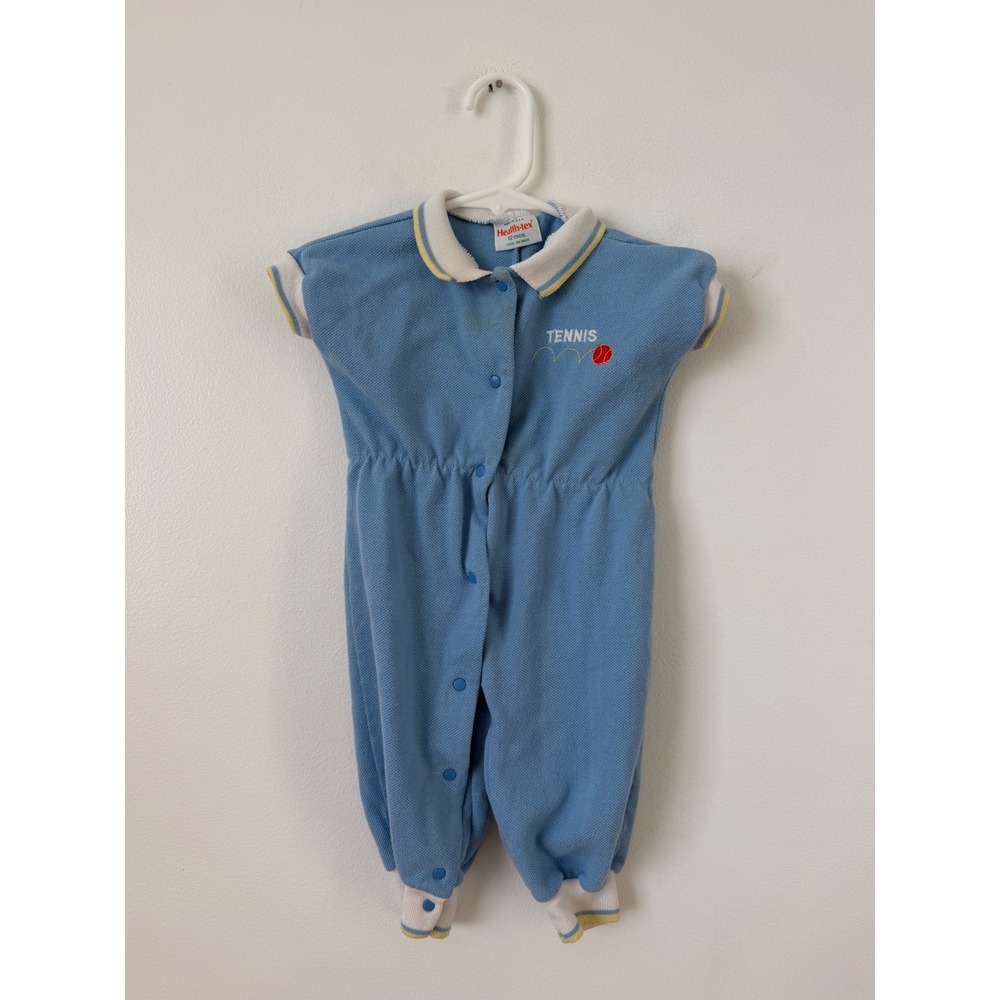 Healthtex Vintage 1990s Baby Jumpsuit – Blue Embroidered Tennis Polo 12 Months